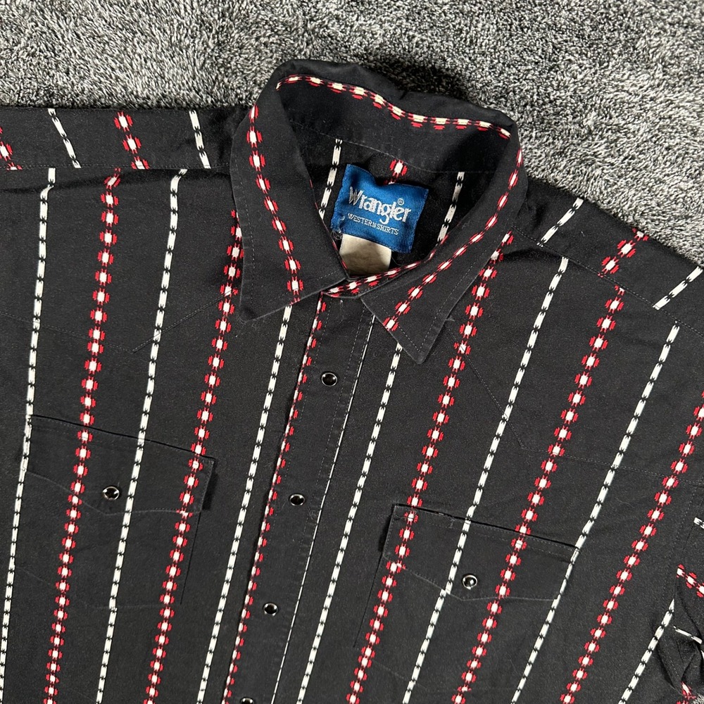 Wrangler Shirt Mens XL Western Black Red White Geometric Stripe Short Pearl Snap